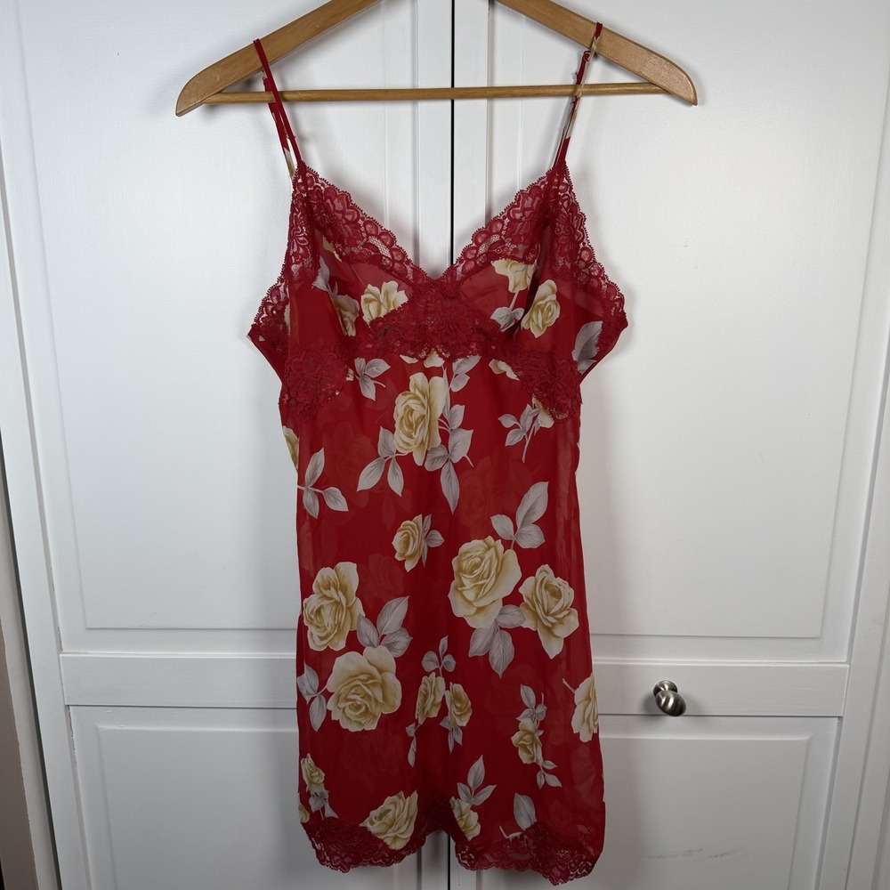 Victoria's Secret Slip Dress Women's Large Floral Chemise Red Lace Y2K Vintage